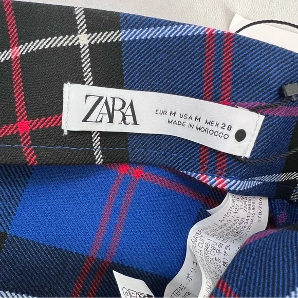 Zara Skirt Midi Women Medium Tartan Plaid Check Side Slit Ruched Blue Pencil Q - Picture 7 of 11